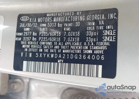 2013 Kia Sorento Sx V6 from USA, damaged, VIN 5XYKWDA21DG364006